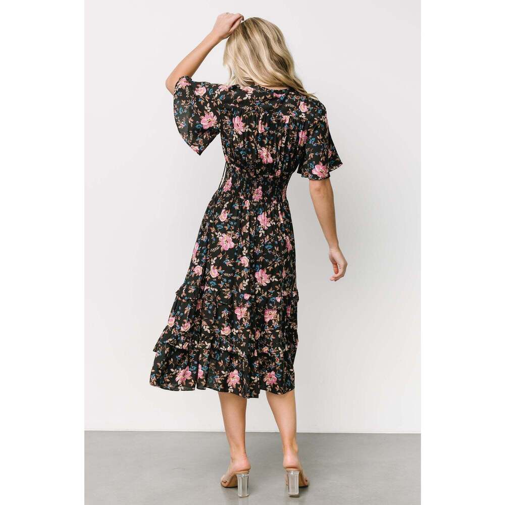 Baltic Born Black Floral Midi Dress with Pink Roses - Picture 4 of 5